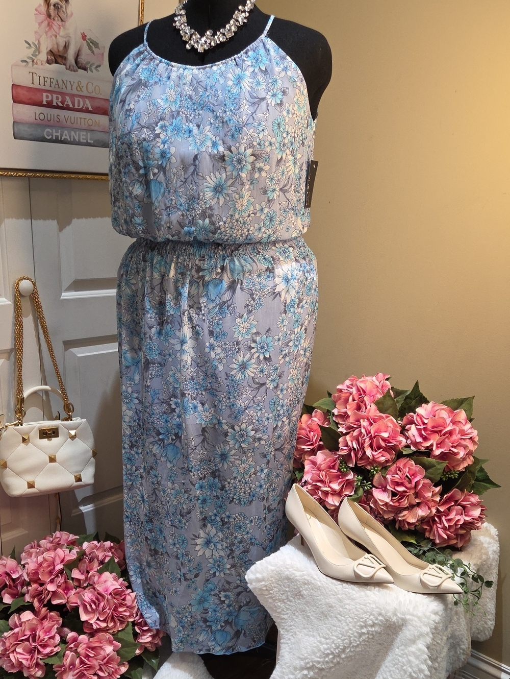 Nwt 18W Enfocus Studio Blue Floral Halter Maxi Dress